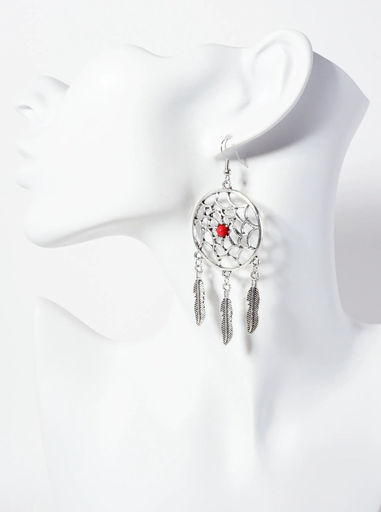 Spiritual-Theme Boho Semi-Precious Natural-Stone Feather Drop Dreamcatcher Dangle Earrings