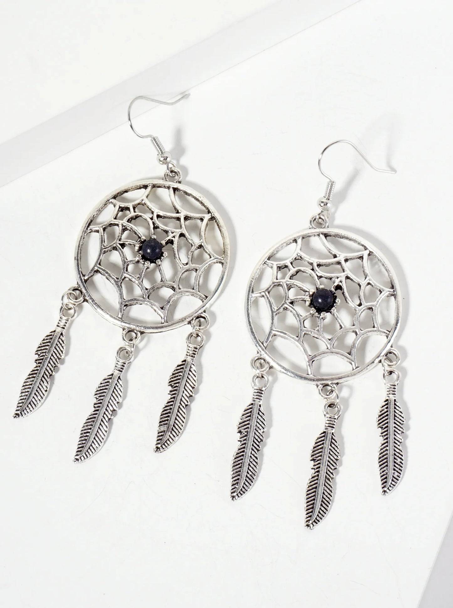 Spiritual-Theme Boho Semi-Precious Natural-Stone Feather Drop Dreamcatcher Dangle Earrings