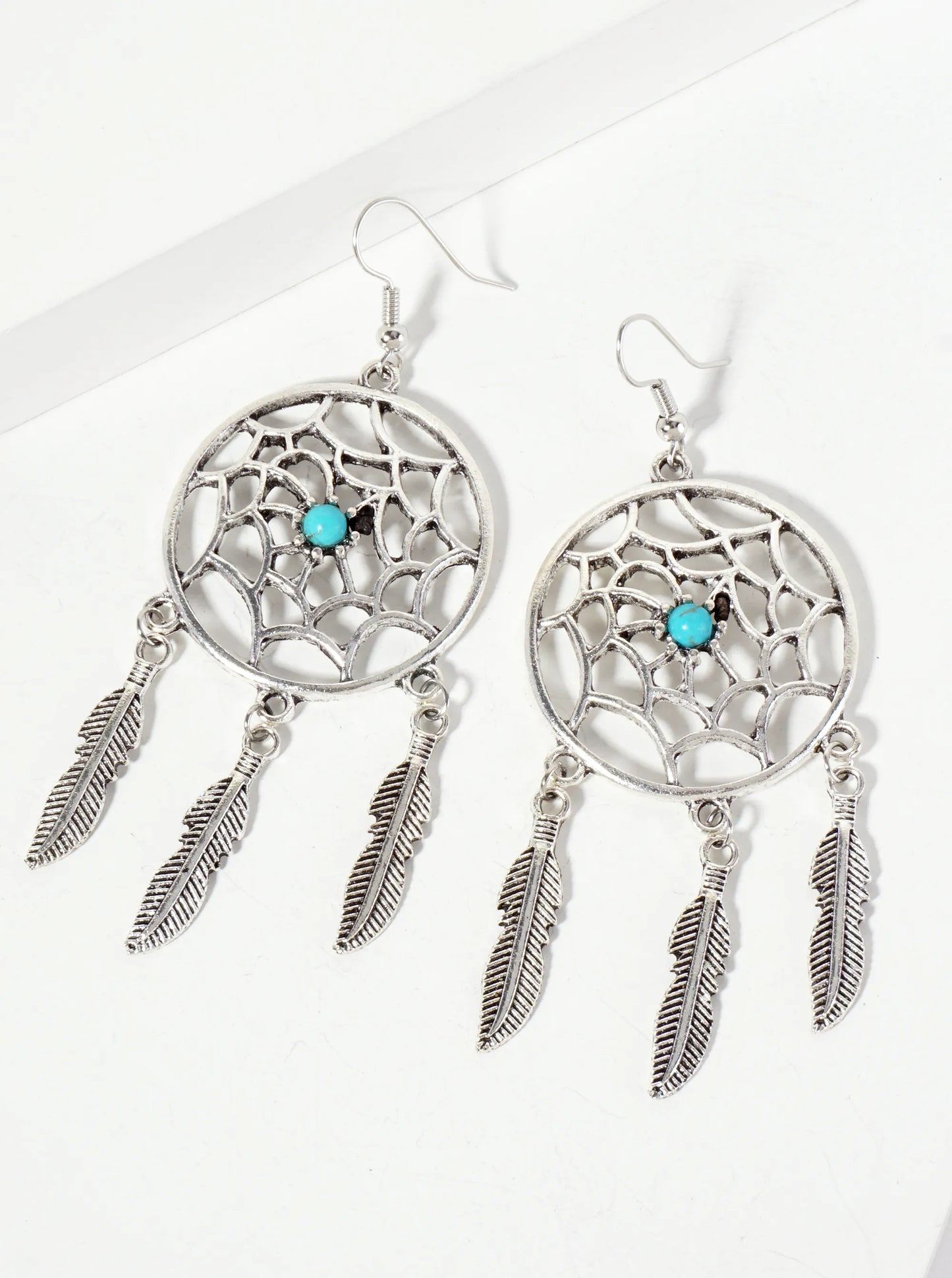 Spiritual-Theme Boho Semi-Precious Natural-Stone Feather Drop Dreamcatcher Dangle Earrings