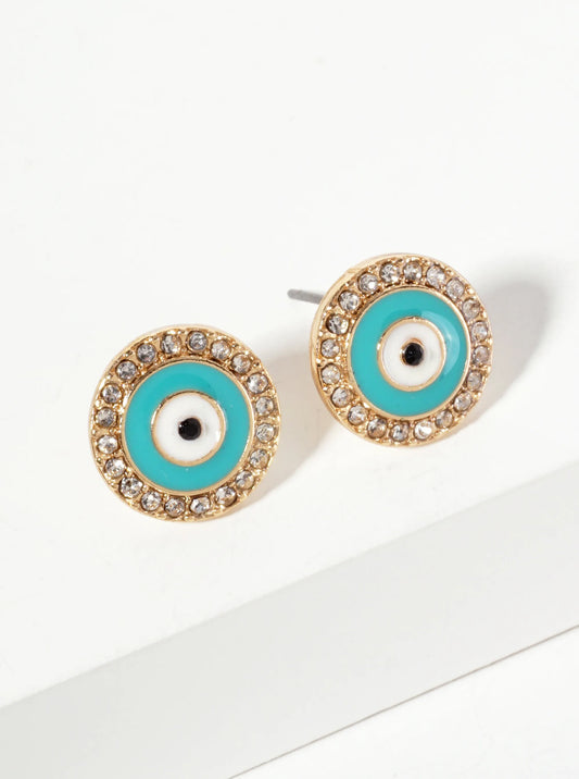 Spiritual-Theme Crystal-Pave 13mm Evil-Eye Stud Earrings