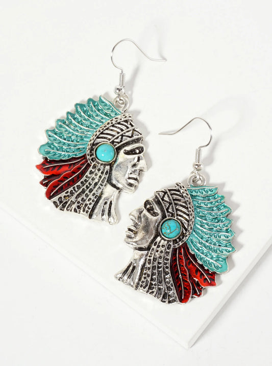 Spiritual-Theme Native-American Indian-Chief Head Drop Tribal Earrings