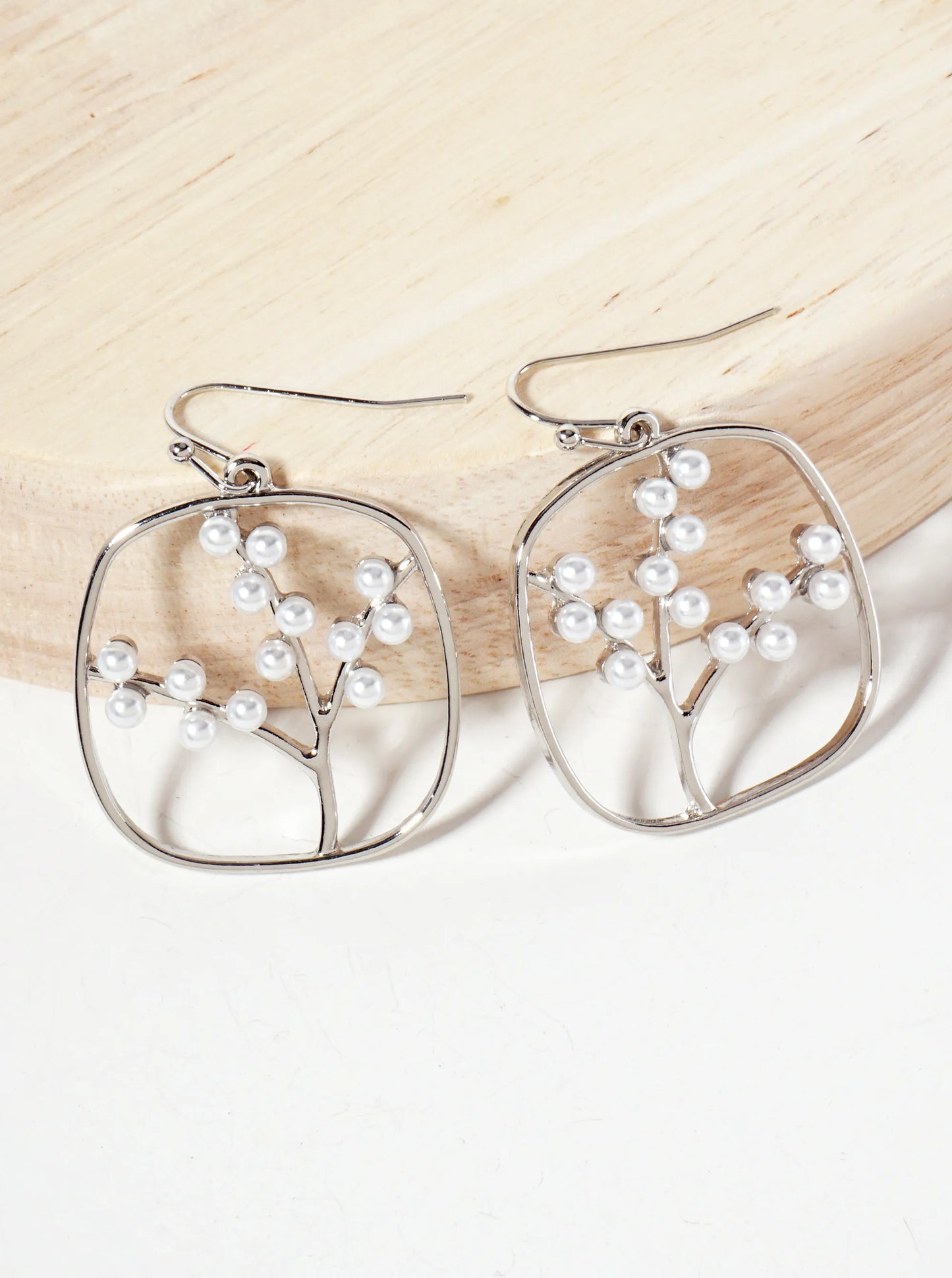 Spiritual-Theme Pearl-Beaded Tree-of-Life Square Drop Earrings