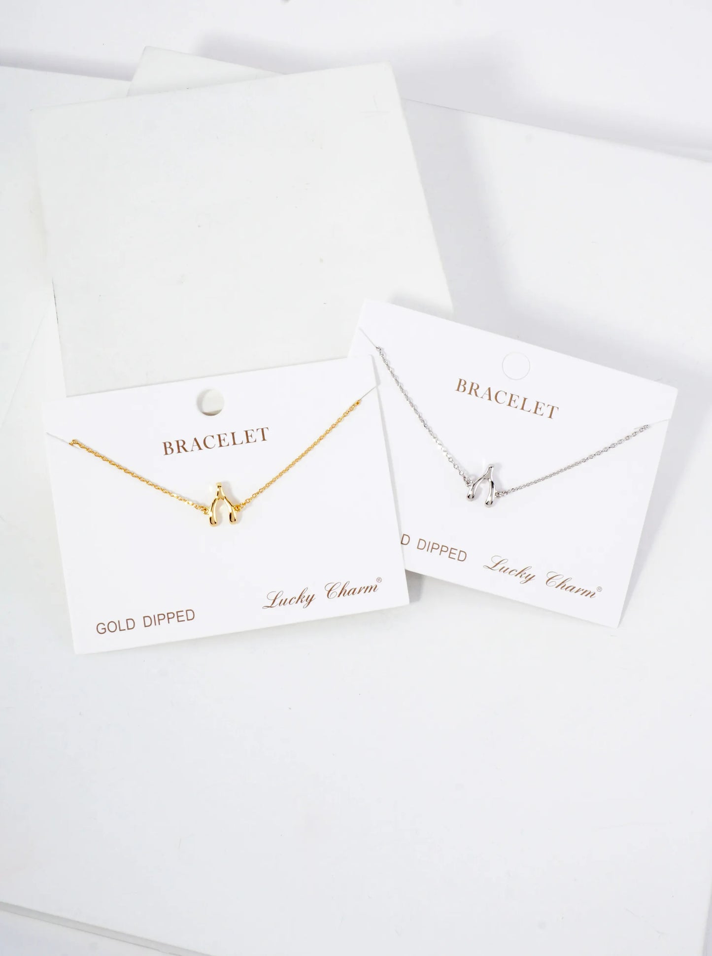 Spiritual-Theme Polished Brass Wishbone Accent 18K-Gold-Dipped Chain Bracelet