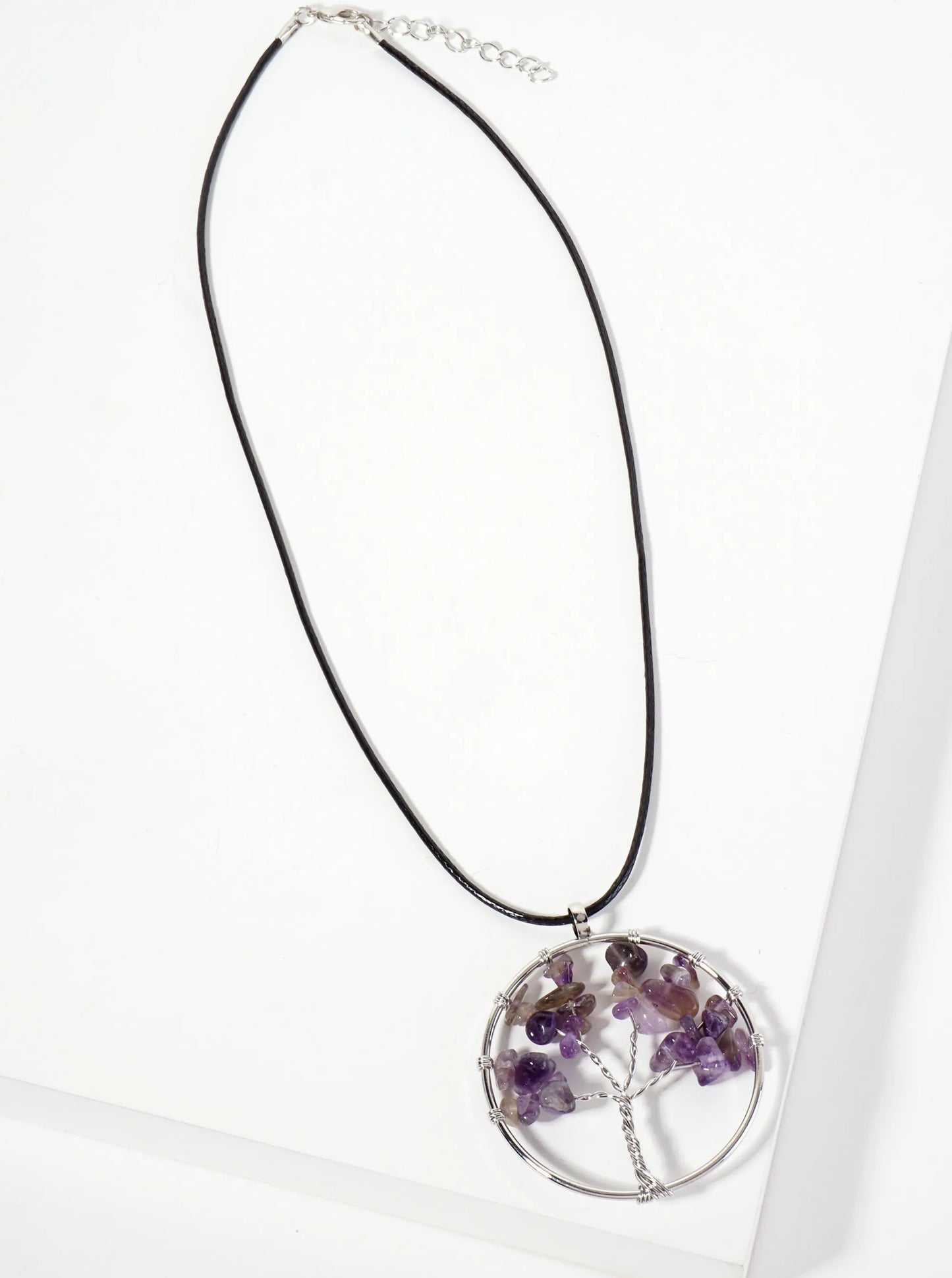 Spiritual-Theme Semi-Precious Natural-Stone Tree-of-Life Pendant Leatherette Necklace