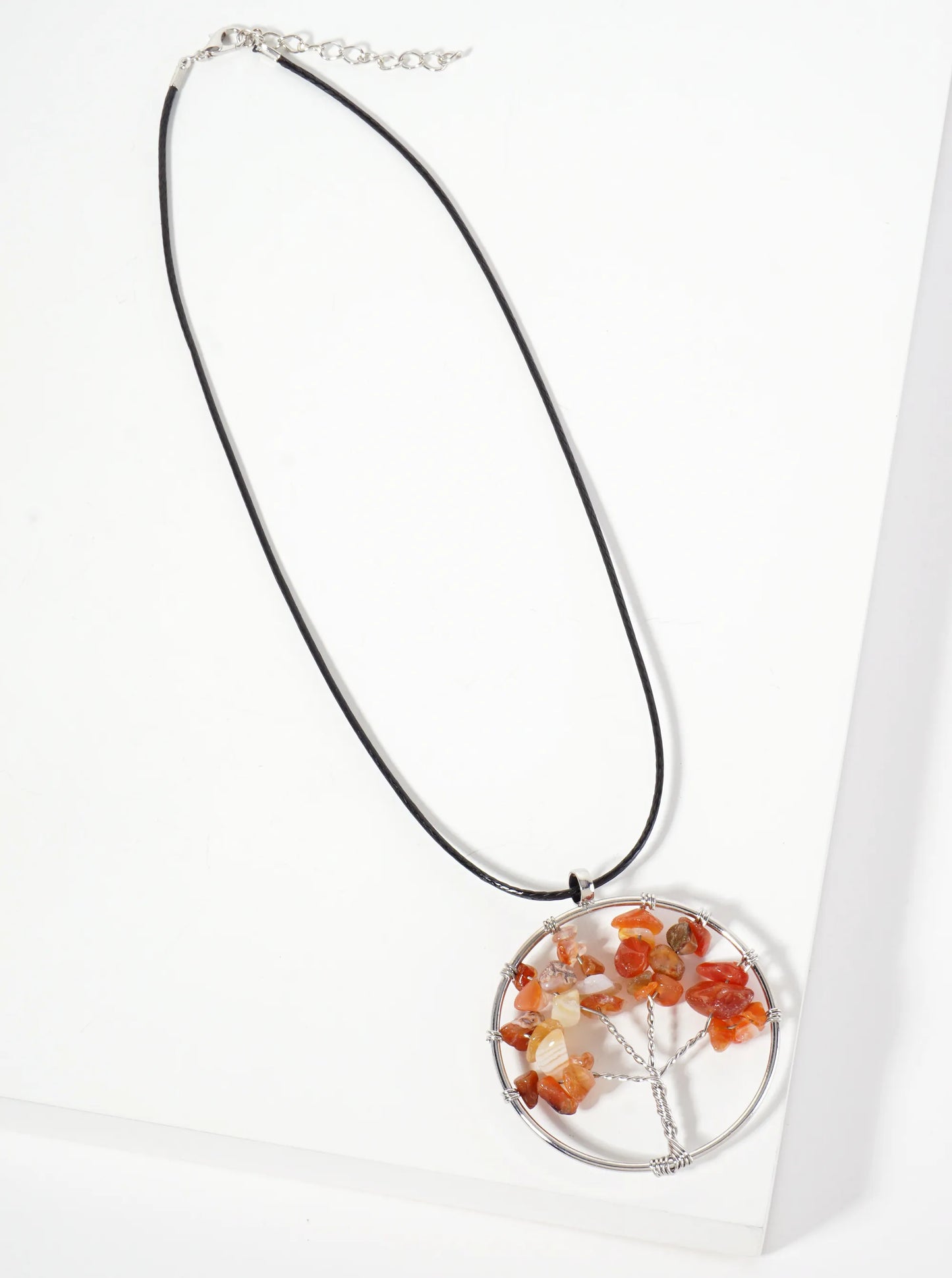 Spiritual-Theme Semi-Precious Natural-Stone Tree-of-Life Pendant Leatherette Necklace