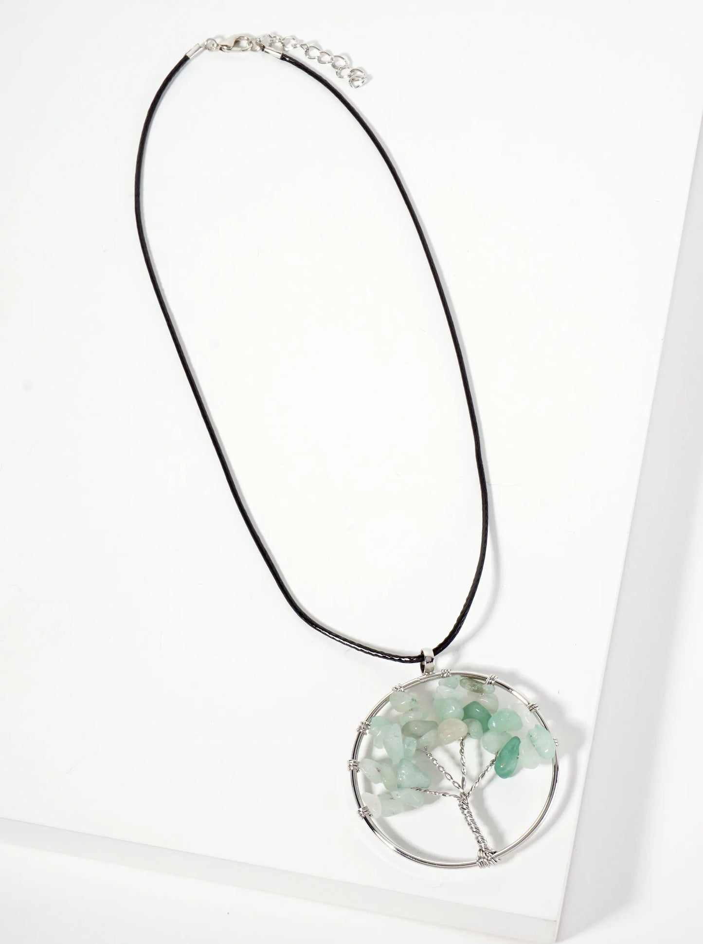 Spiritual-Theme Semi-Precious Natural-Stone Tree-of-Life Pendant Leatherette Necklace