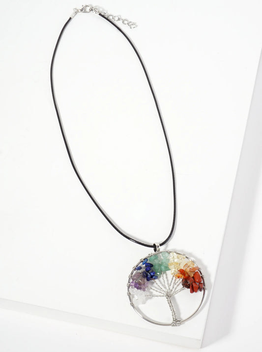 Spiritual-Theme Semi-Precious Natural-Stone Tree-of-Life Pendant Leatherette Necklace