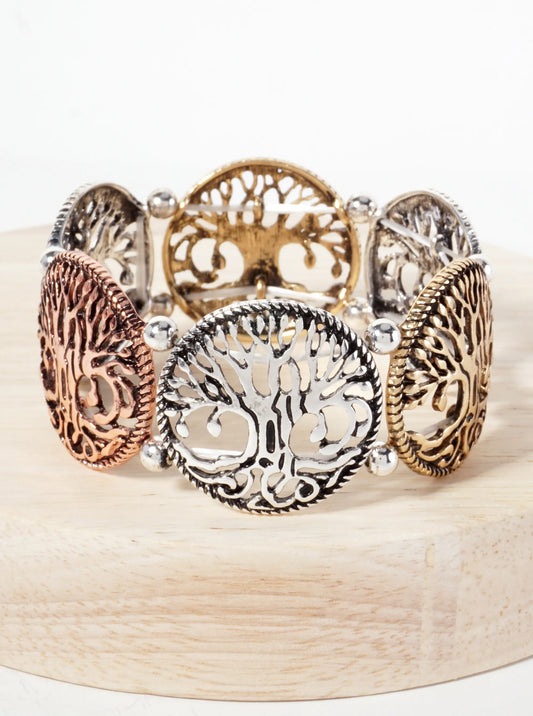 Spiritual-Theme Tri-Tone Filigree Tree-of-Life Stretch Bracelet