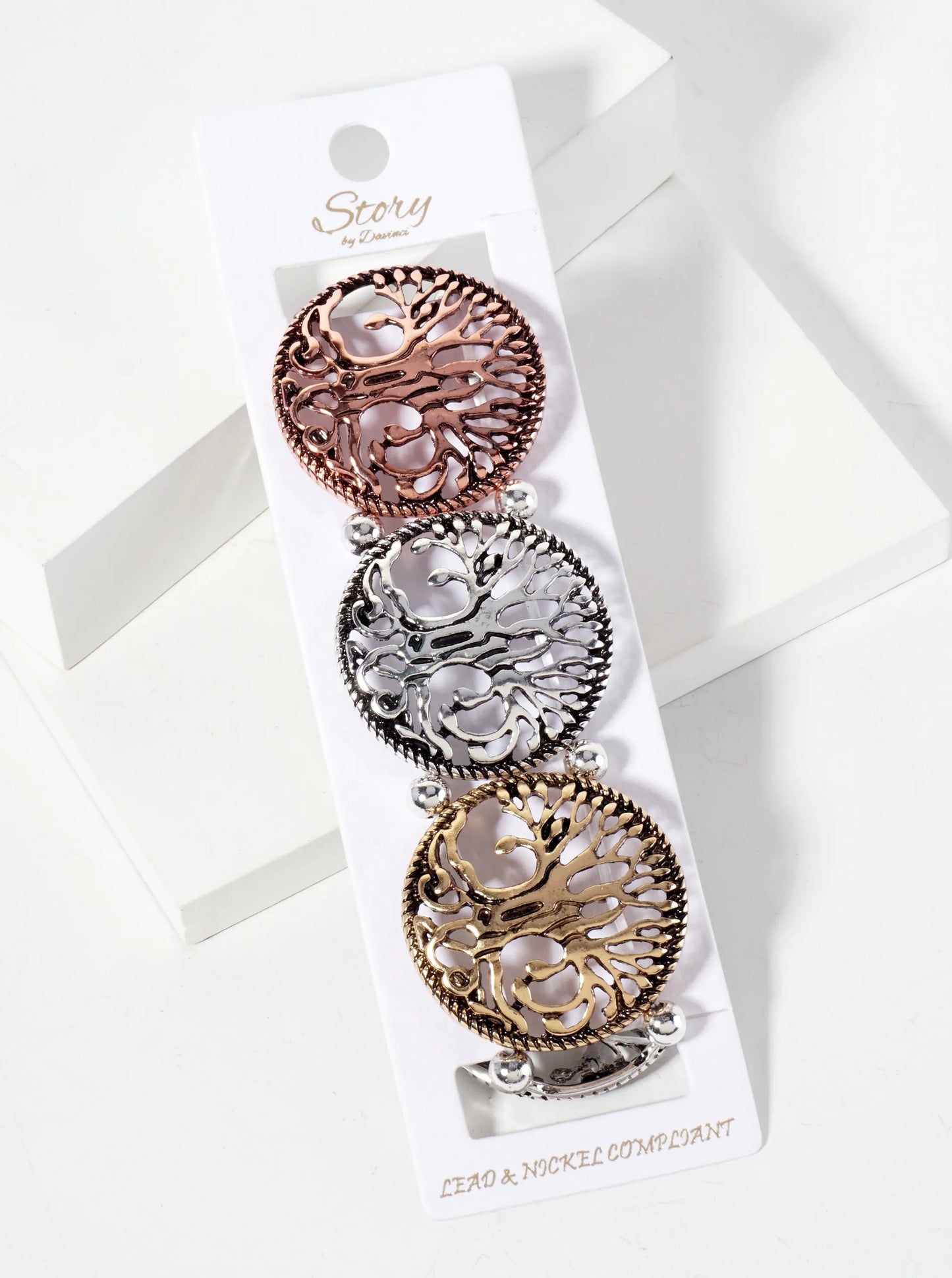 Spiritual-Theme Tri-Tone Filigree Tree-of-Life Stretch Bracelet