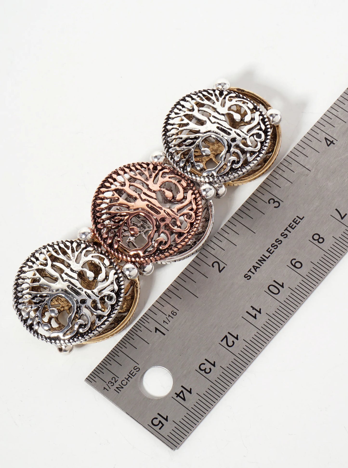 Spiritual-Theme Tri-Tone Filigree Tree-of-Life Stretch Bracelet