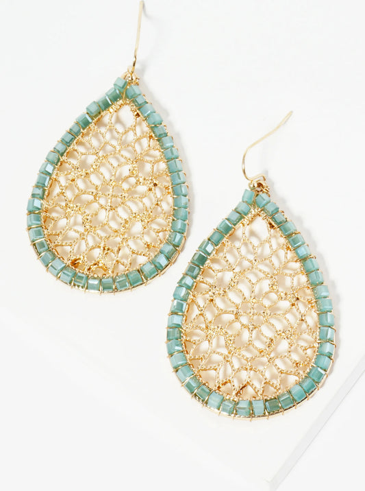 Square Glass Beads Wired Wrapped Filigree Teardrop Dangle Earrings