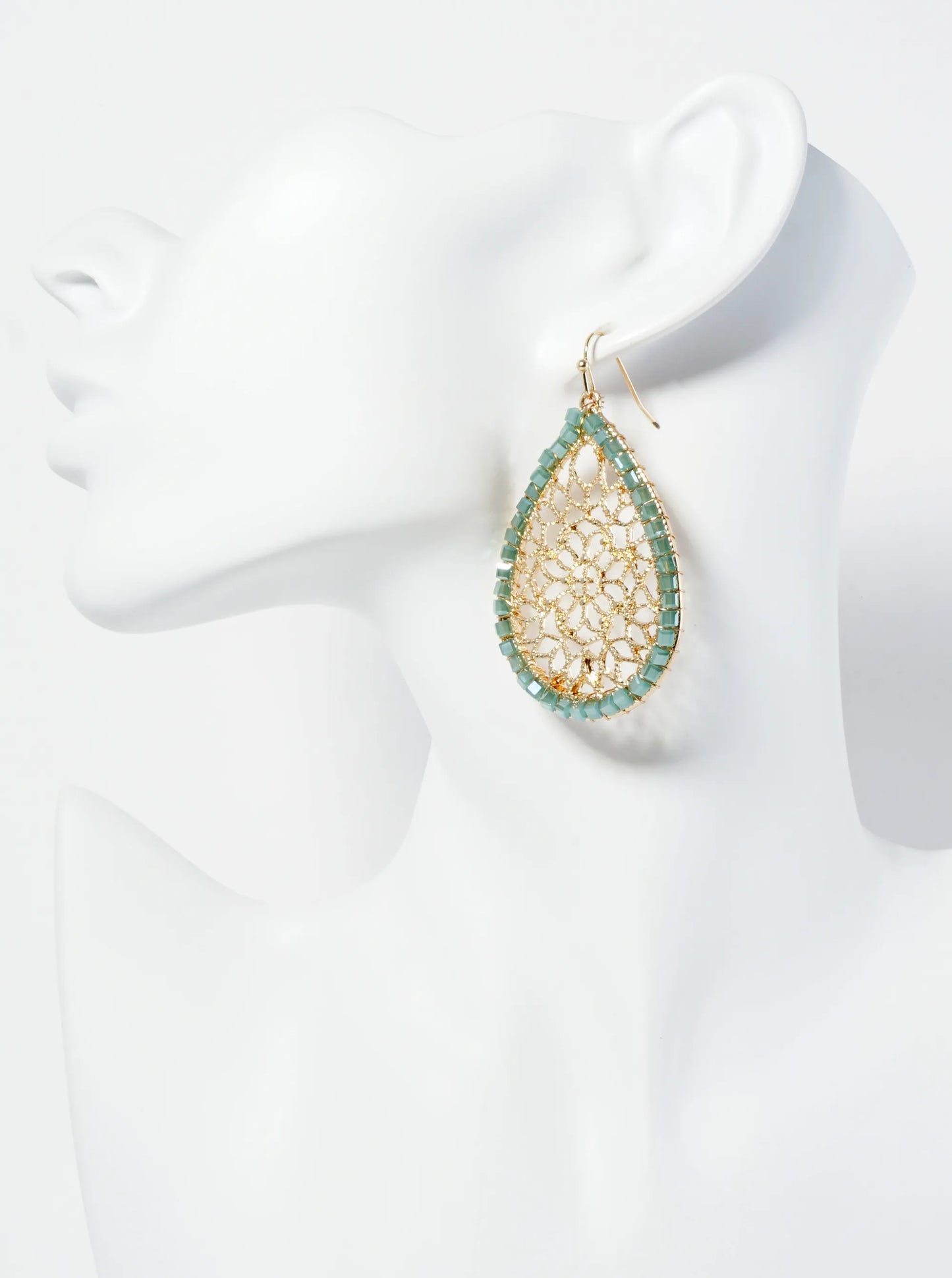 Square Glass Beads Wired Wrapped Filigree Teardrop Dangle Earrings