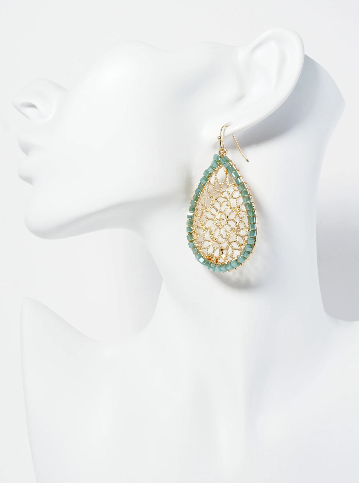 Square Glass Beads Wired Wrapped Filigree Teardrop Dangle Earrings