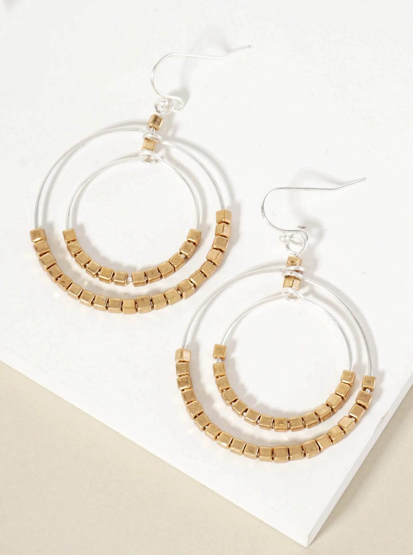 Square Metallic-Beaded Double Wire Circle Dangle Earrings