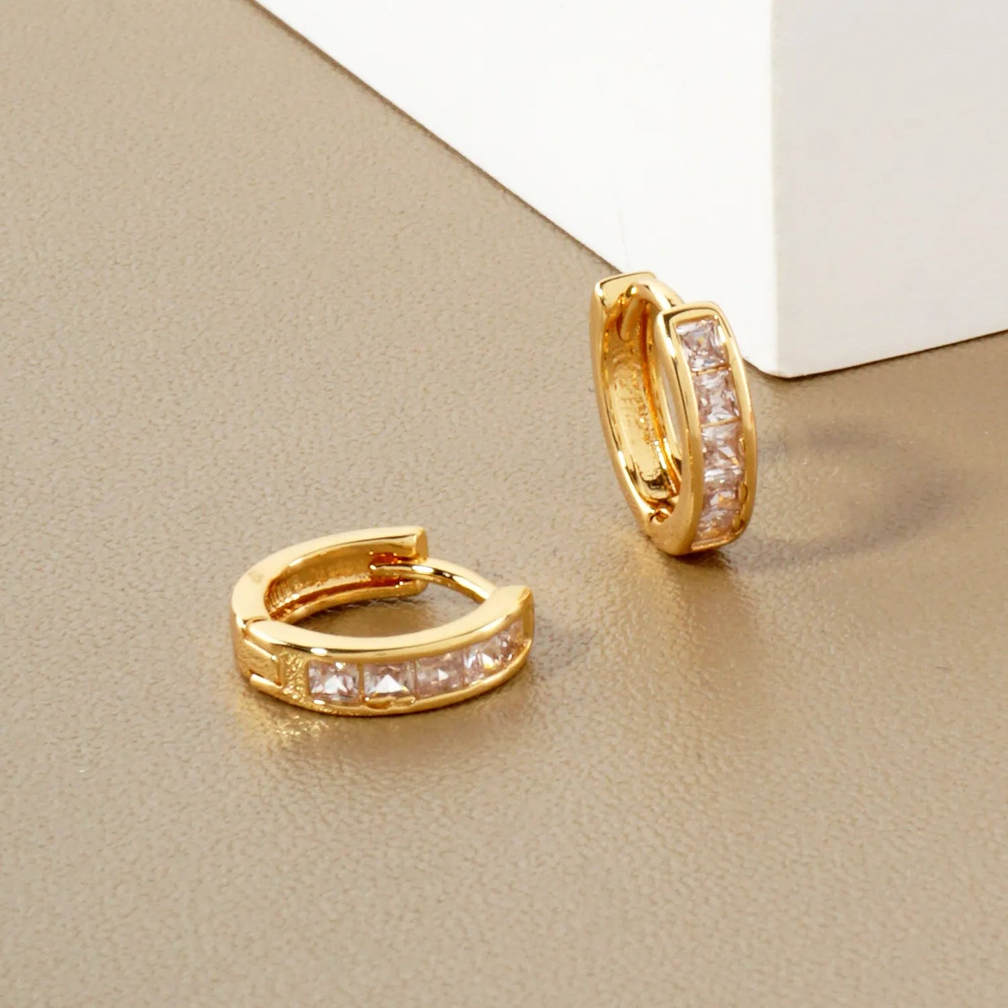 Square Pave-Set Cubic-Zirconia 10mm Gold-Dipped Brass Minimalist Huggie Hoop Earrings