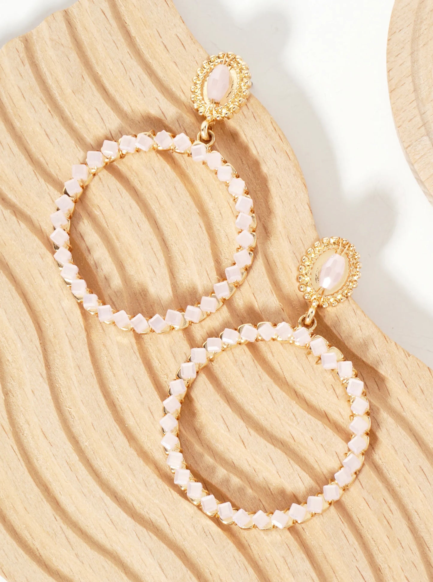 Square-Shaped Glass-Bead Wire-Wrapped Circle Drop Dangle Post Earrings