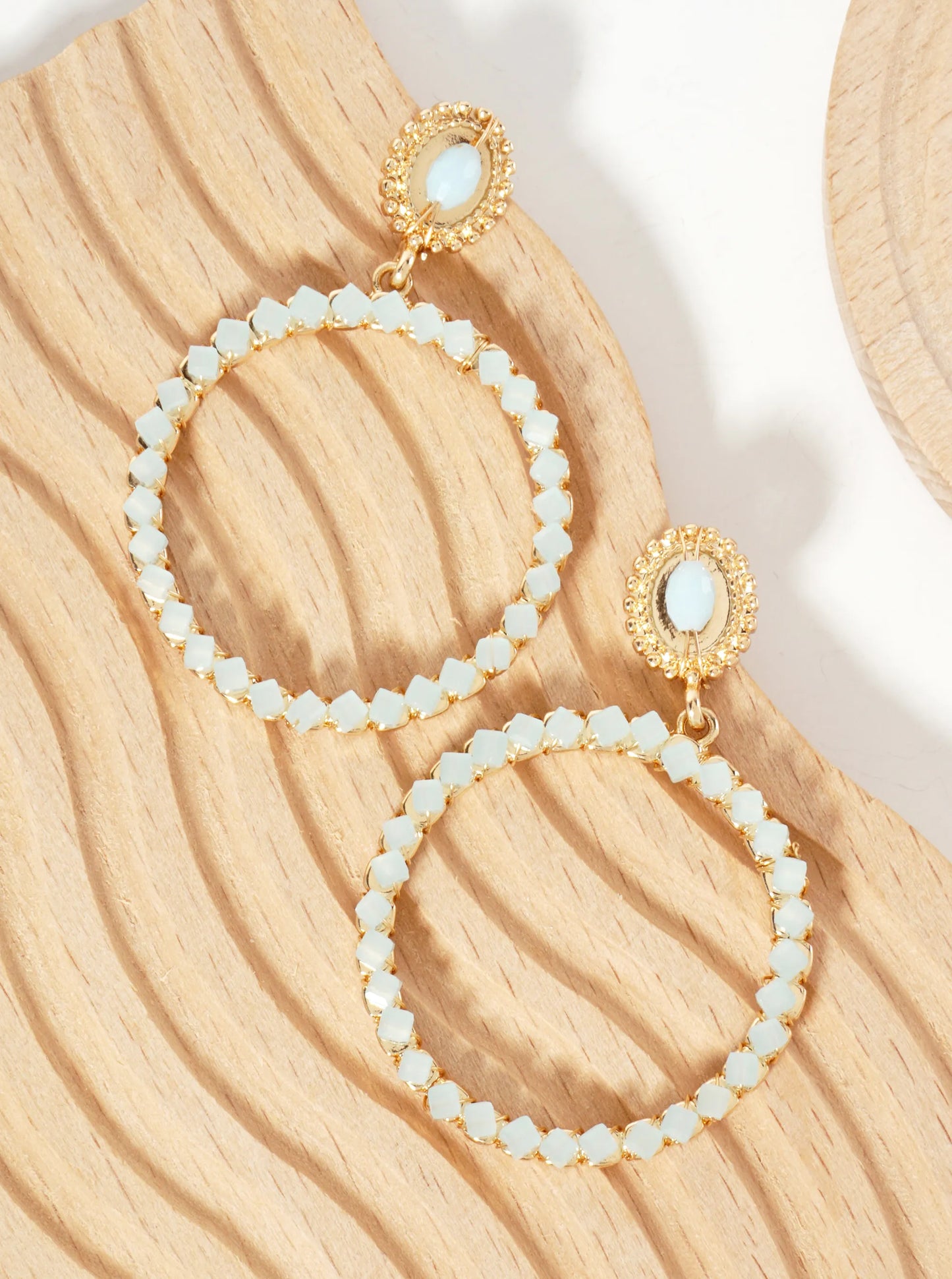 Square-Shaped Glass-Bead Wire-Wrapped Circle Drop Dangle Post Earrings