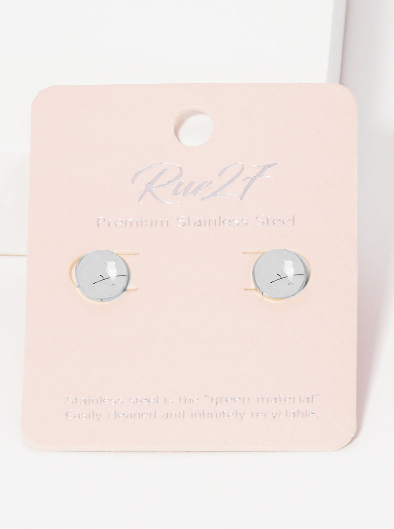 Stainless Steel Bird On Branch Stud Earrings