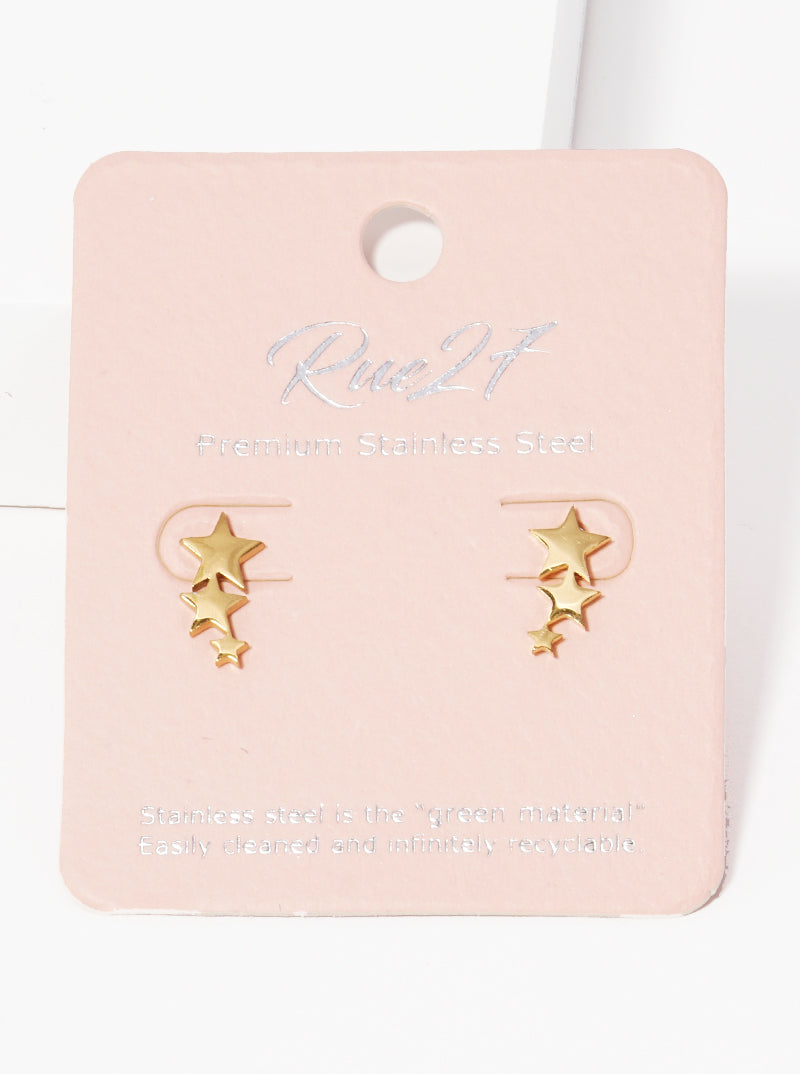 Stainless Steel Tri Star Linear Stud Earrings
