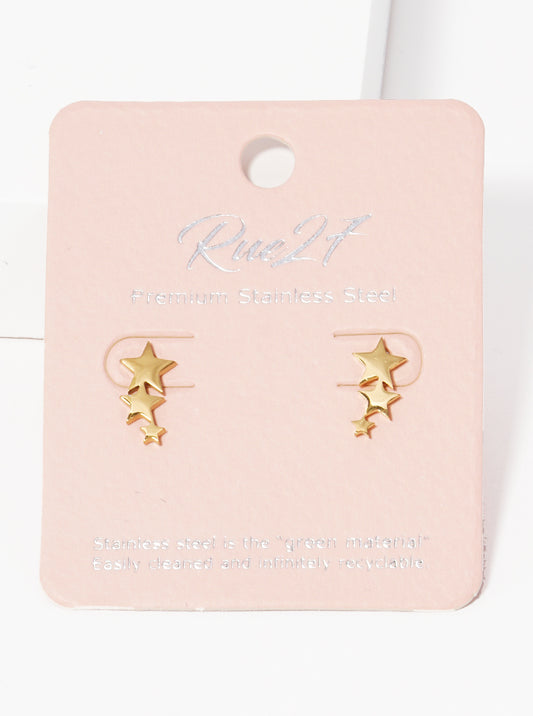 Stainless Steel Tri Star Linear Stud Earrings