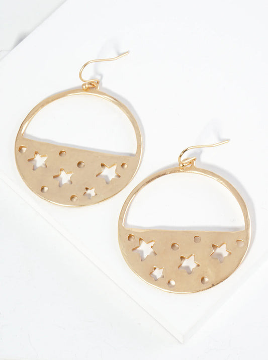 Star Cutout Textured Metal Circle Drop Earrings