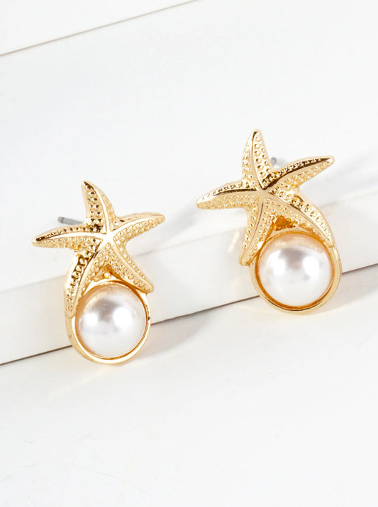 Starfish On 8mm Pearl Sea-Life Stud Earrings