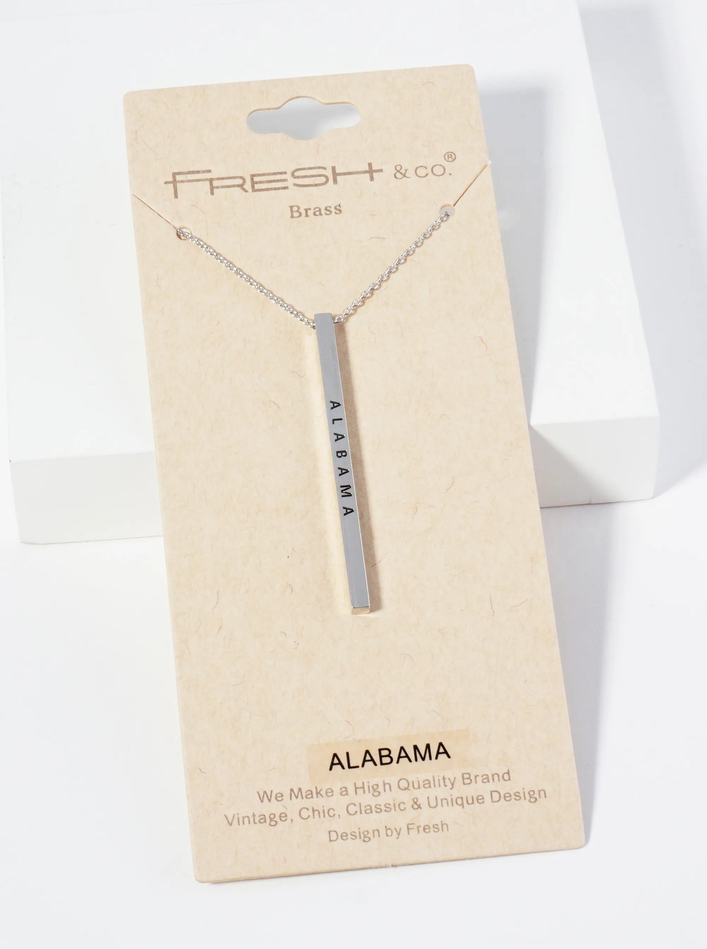 State Of Alabama Engraved Vertical Bar Pendant Necklace