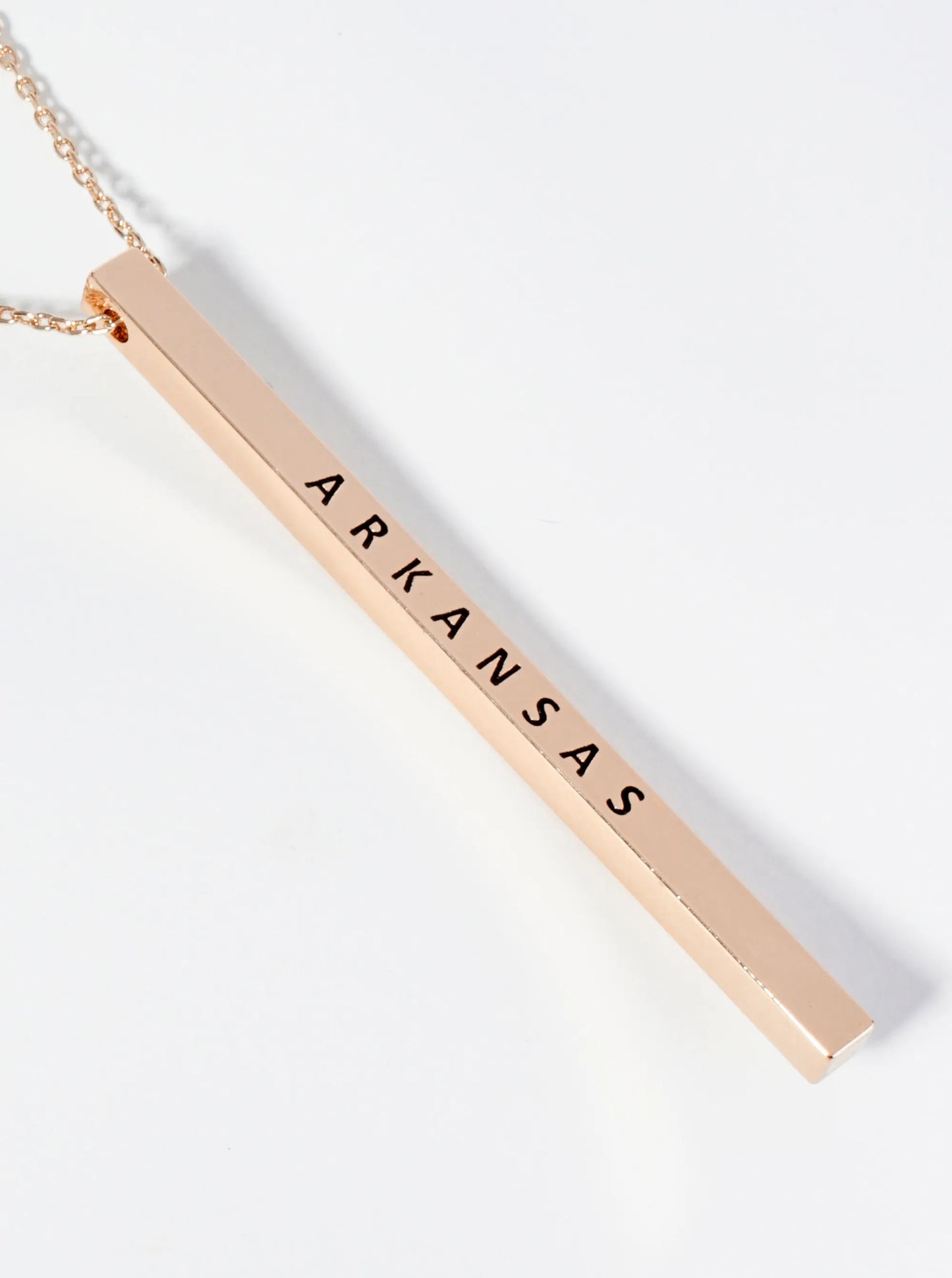 State Of Arkansas Engraved Vertical Bar Pendant Necklace