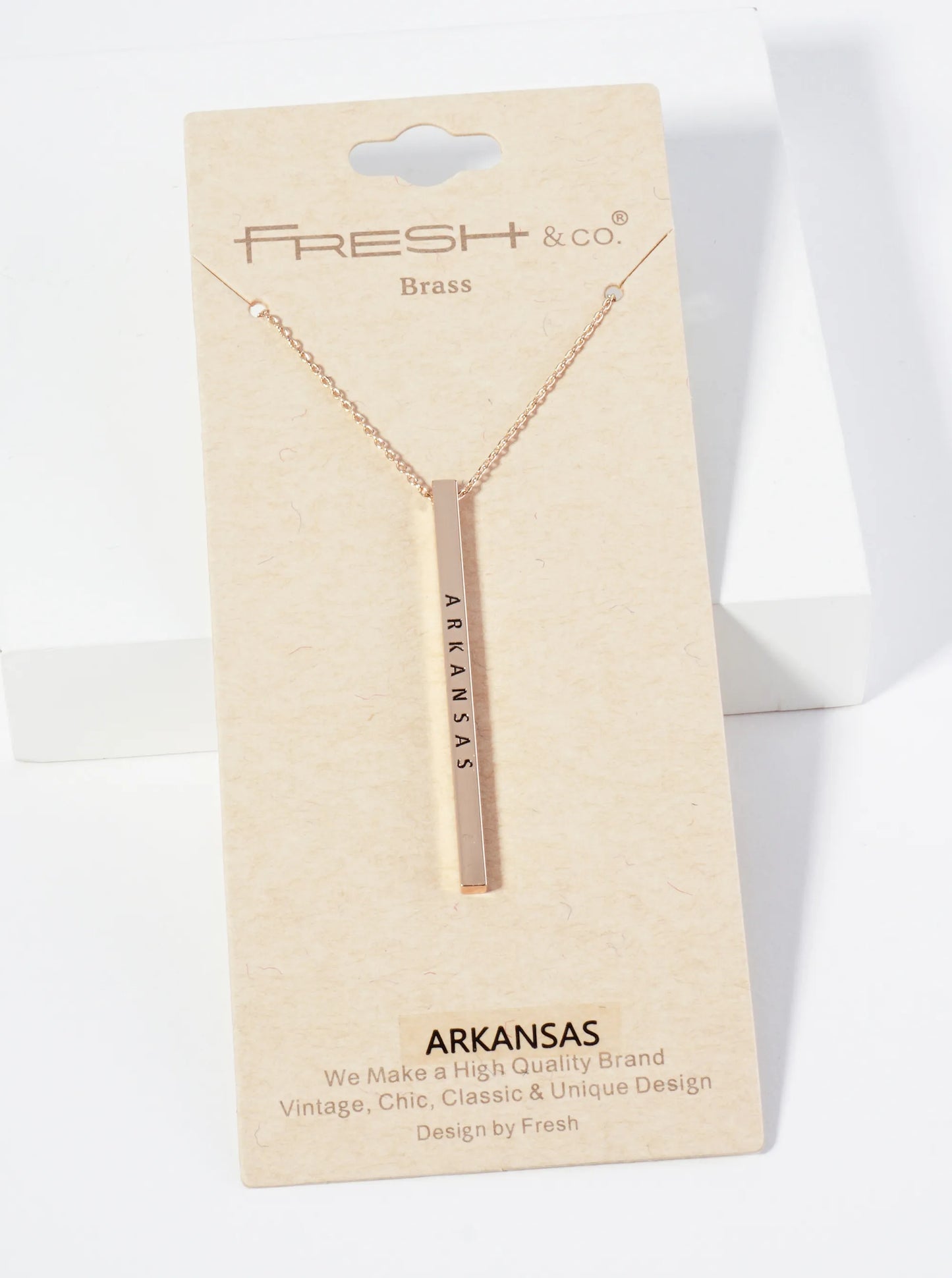 State Of Arkansas Engraved Vertical Bar Pendant Necklace