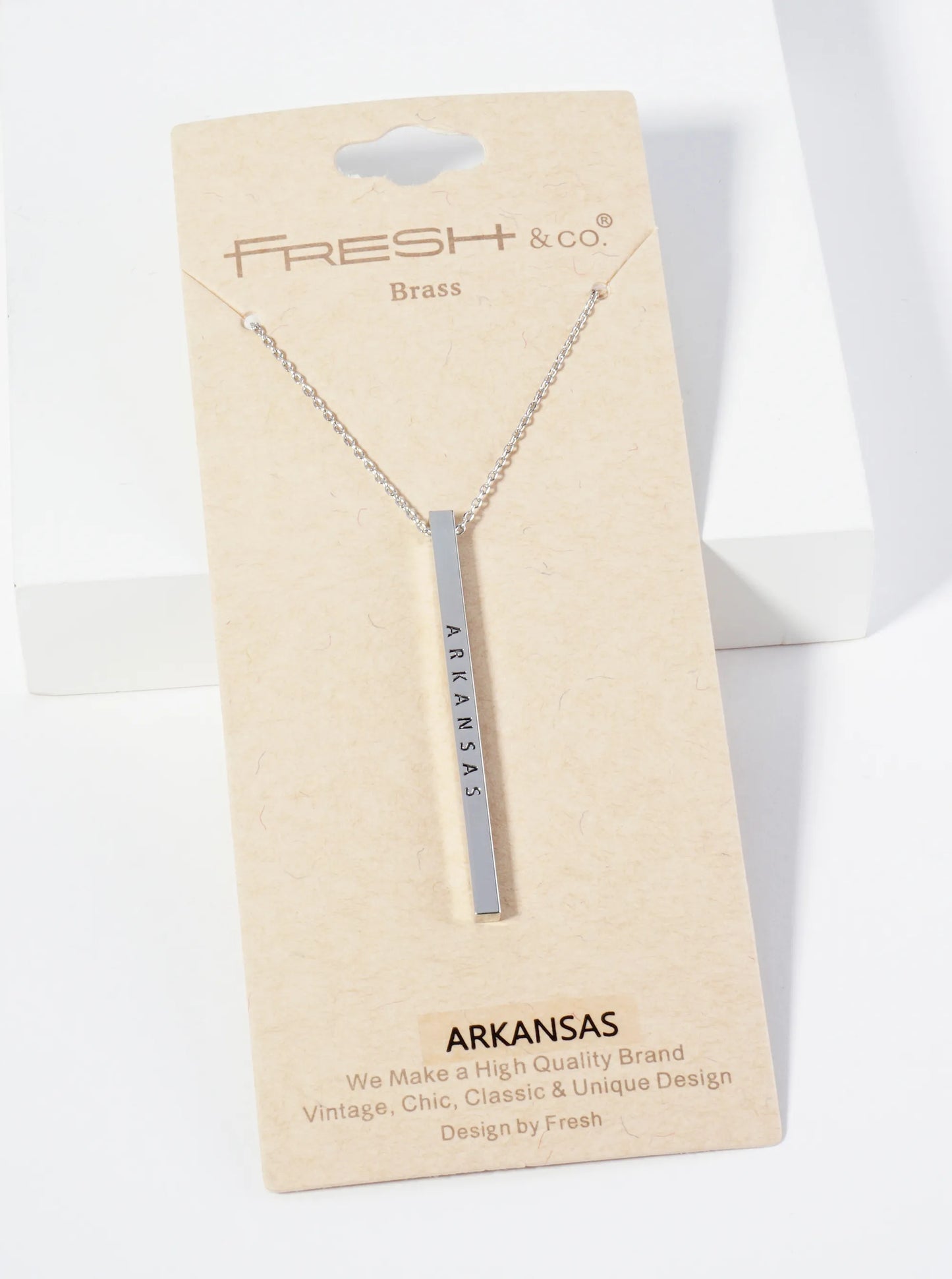 State Of Arkansas Engraved Vertical Bar Pendant Necklace