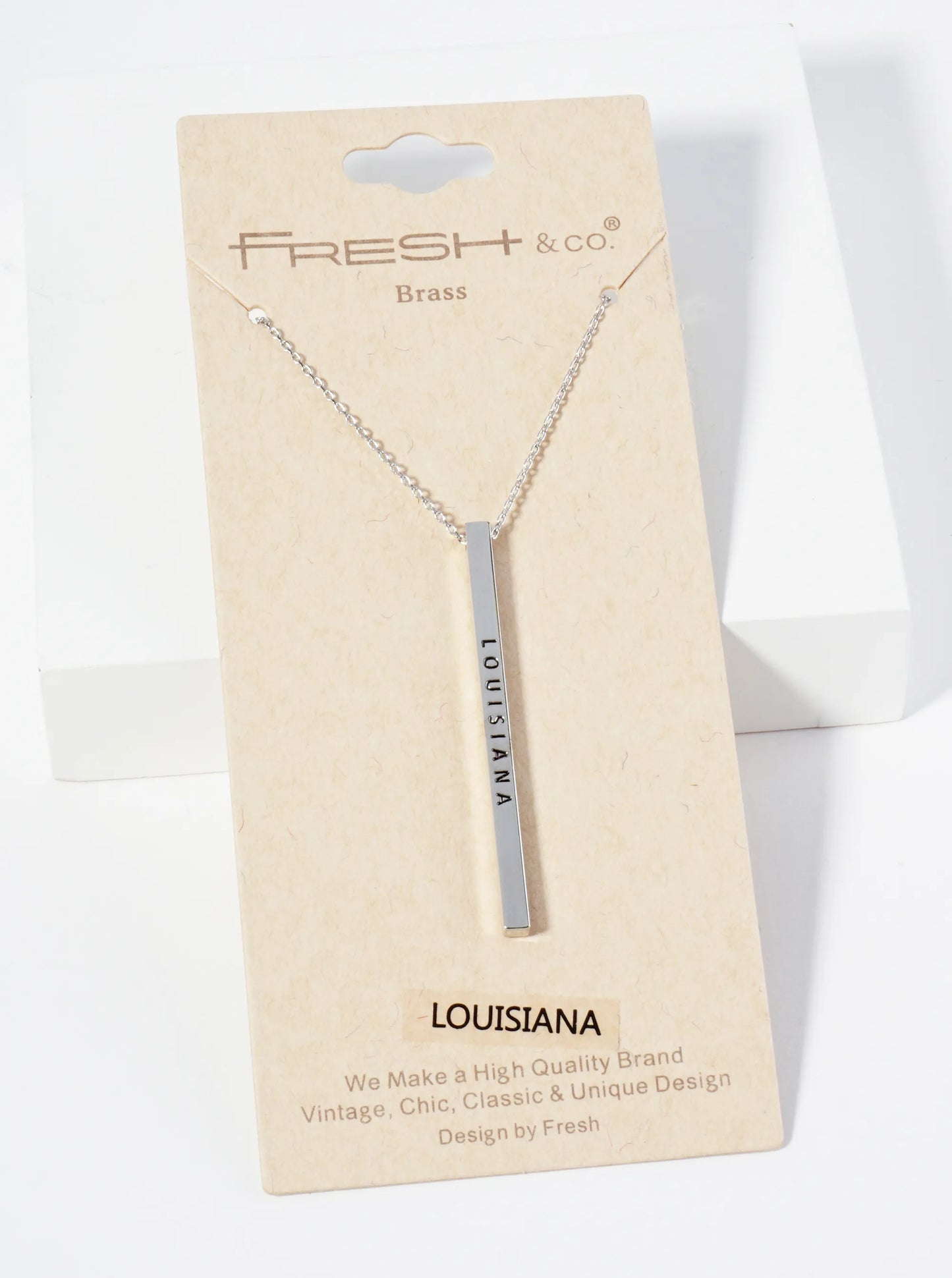 State Of Louisiana Engraved Vertical Bar Pendant Necklace