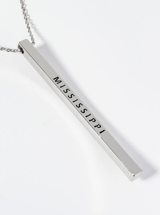 State Of Mississippi Engraved Vertical Bar Pendant Necklace