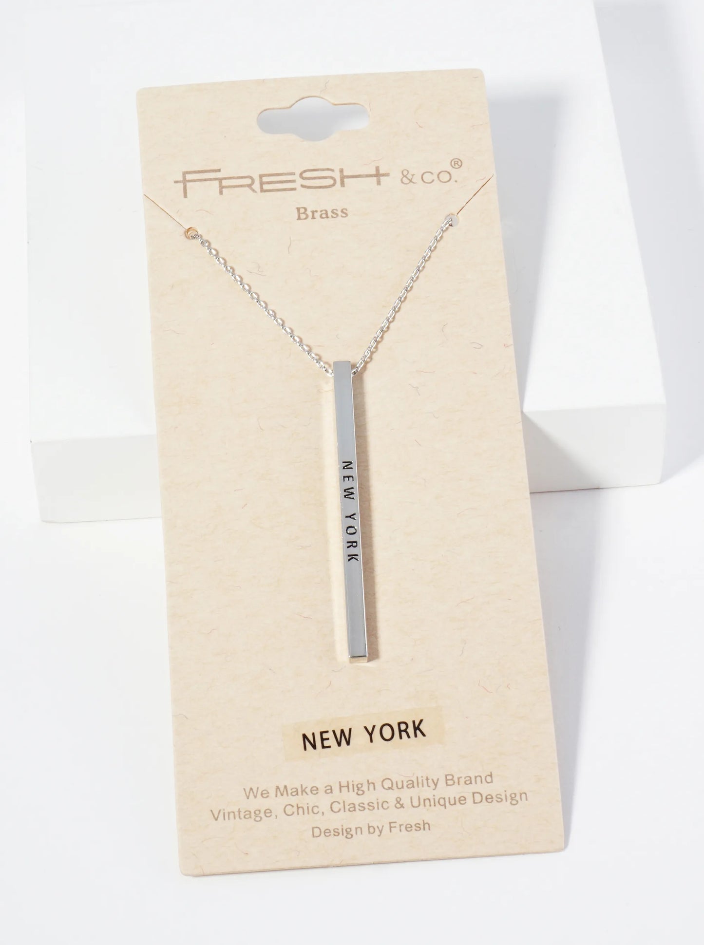 State Of New York Engraved Vertical Bar Pendant Necklace