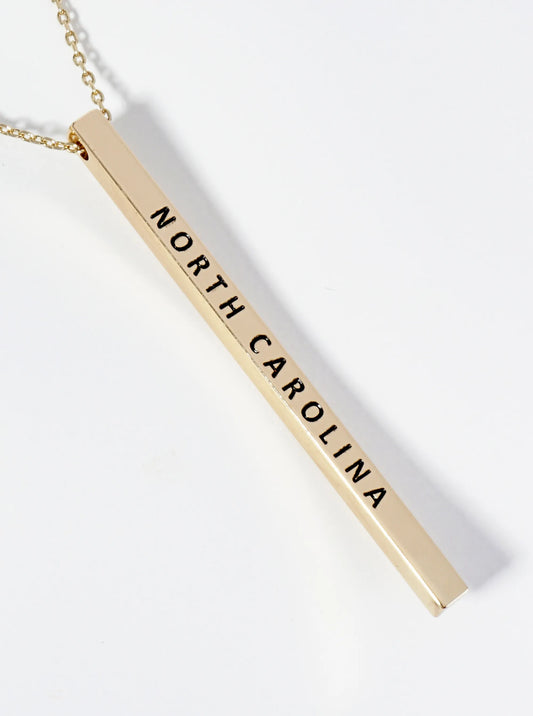 State Of North Carolina Engraved Vertical Bar Pendant Necklace