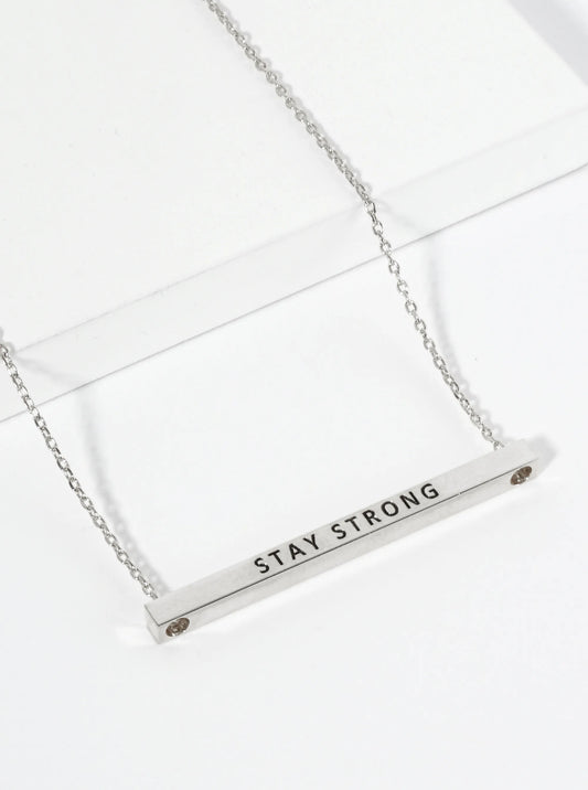 Stay Strong Engraved 18K Gold Dipped Horizontal Brass Bar Pendant Inspirational Necklace