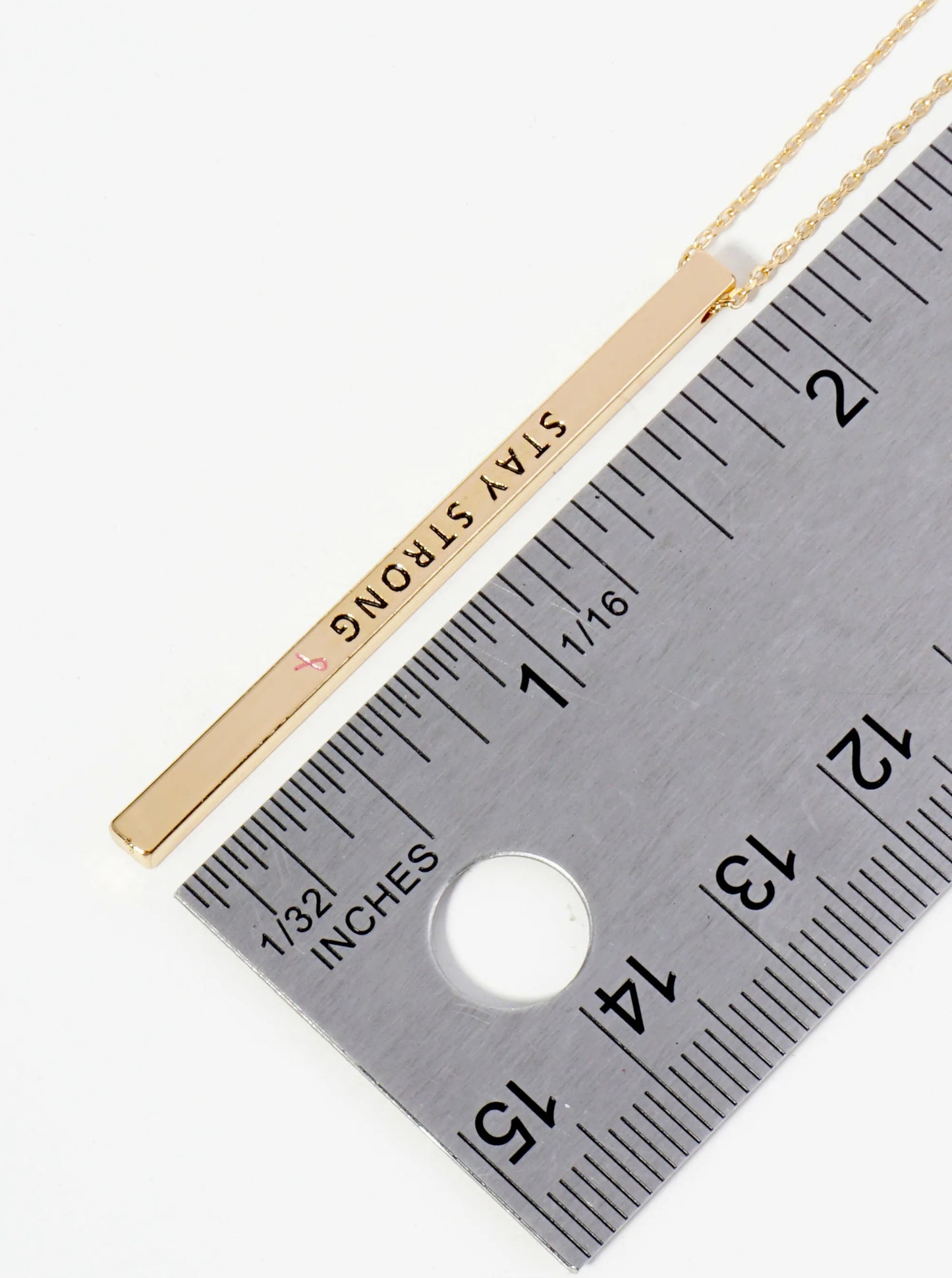 Stay Strong Pink Ribbon Engraved Vertical Bar Pendant Inspirational Necklace