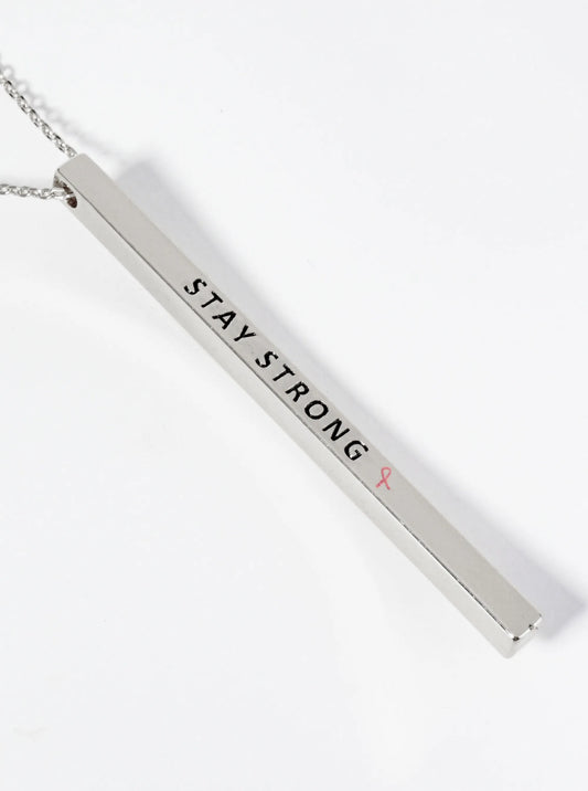 Stay Strong Pink Ribbon Engraved Vertical Bar Pendant Inspirational Necklace