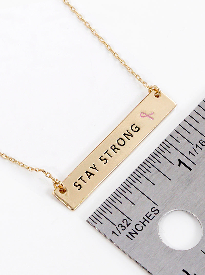 Stay Strong Engraved Rectangle Pendant Pink Ribbon Inspirational Necklace