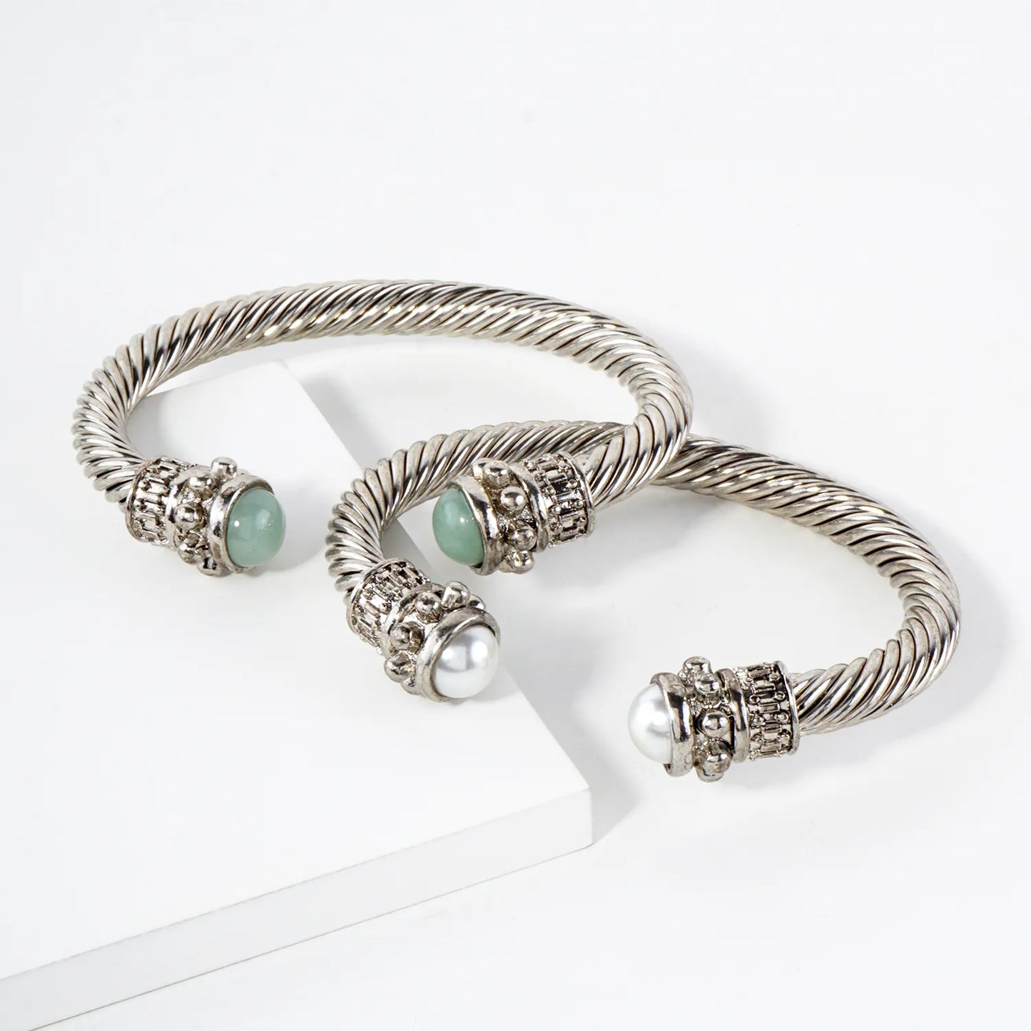 Stone Accent Rope-Texture Open Cuff Cable Bracelet