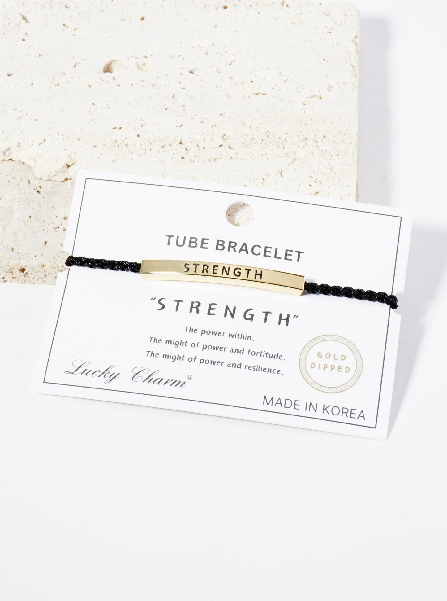 Strength Engraved 18K Gold Dipped Curved Brass Tube Bar Adjustable Pull Tie Bracelet