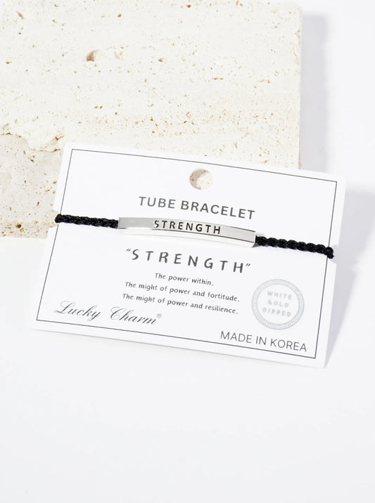 Strength Engraved 18K Gold Dipped Curved Brass Tube Bar Adjustable Pull Tie Bracelet