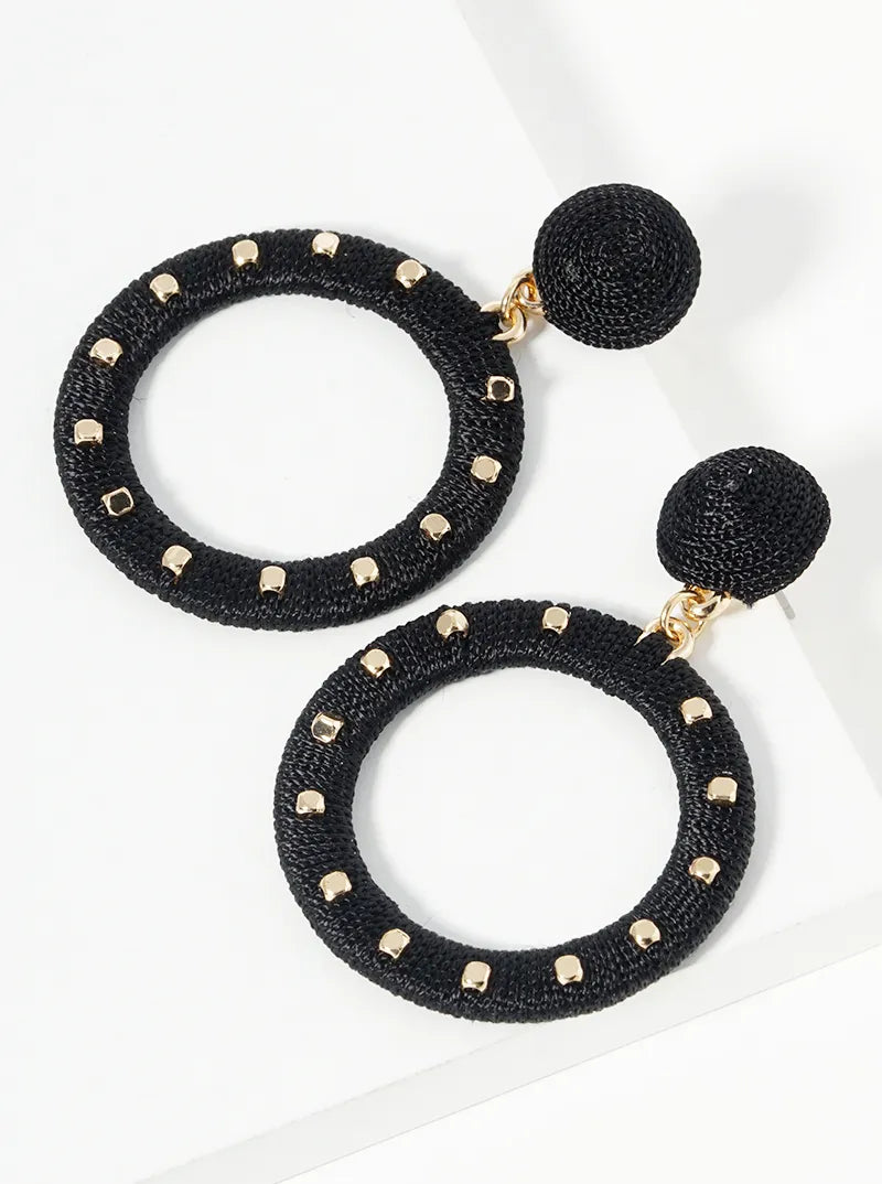 Studded Thread Wrapped Post Drop Round Dangle Earrings