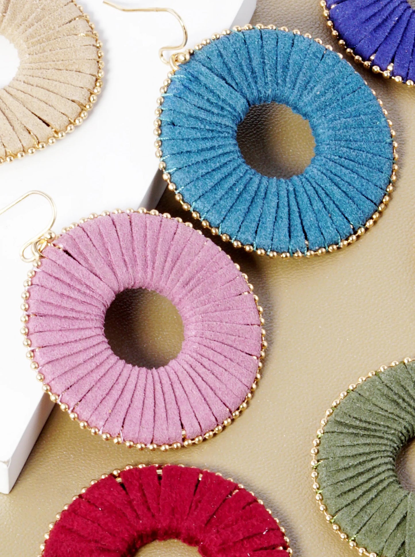 Suede Wrapped Circle Dangle Drop Earrings