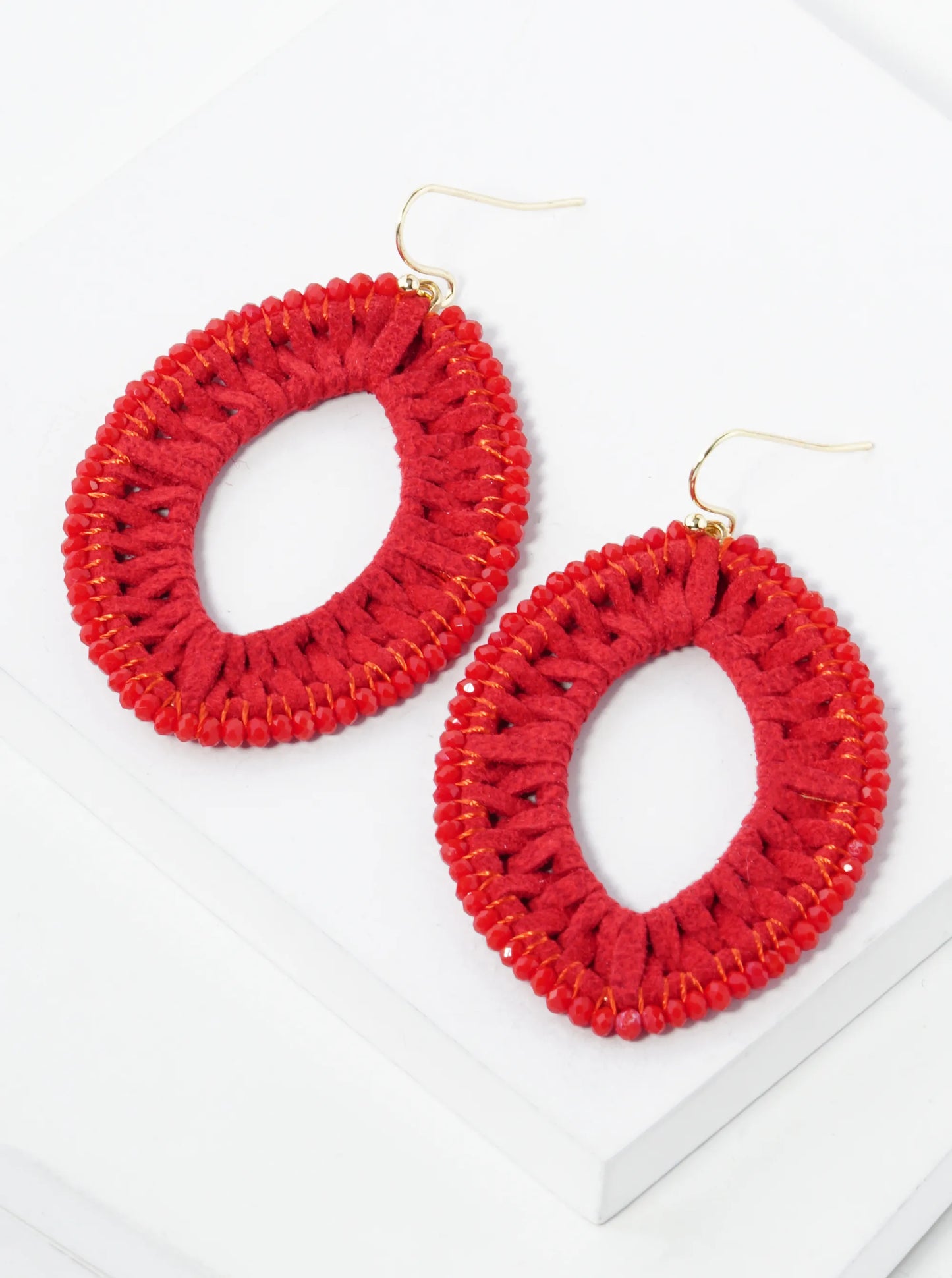 Suede And Beads 2 Inch Marquise Drop Dangle Earrings