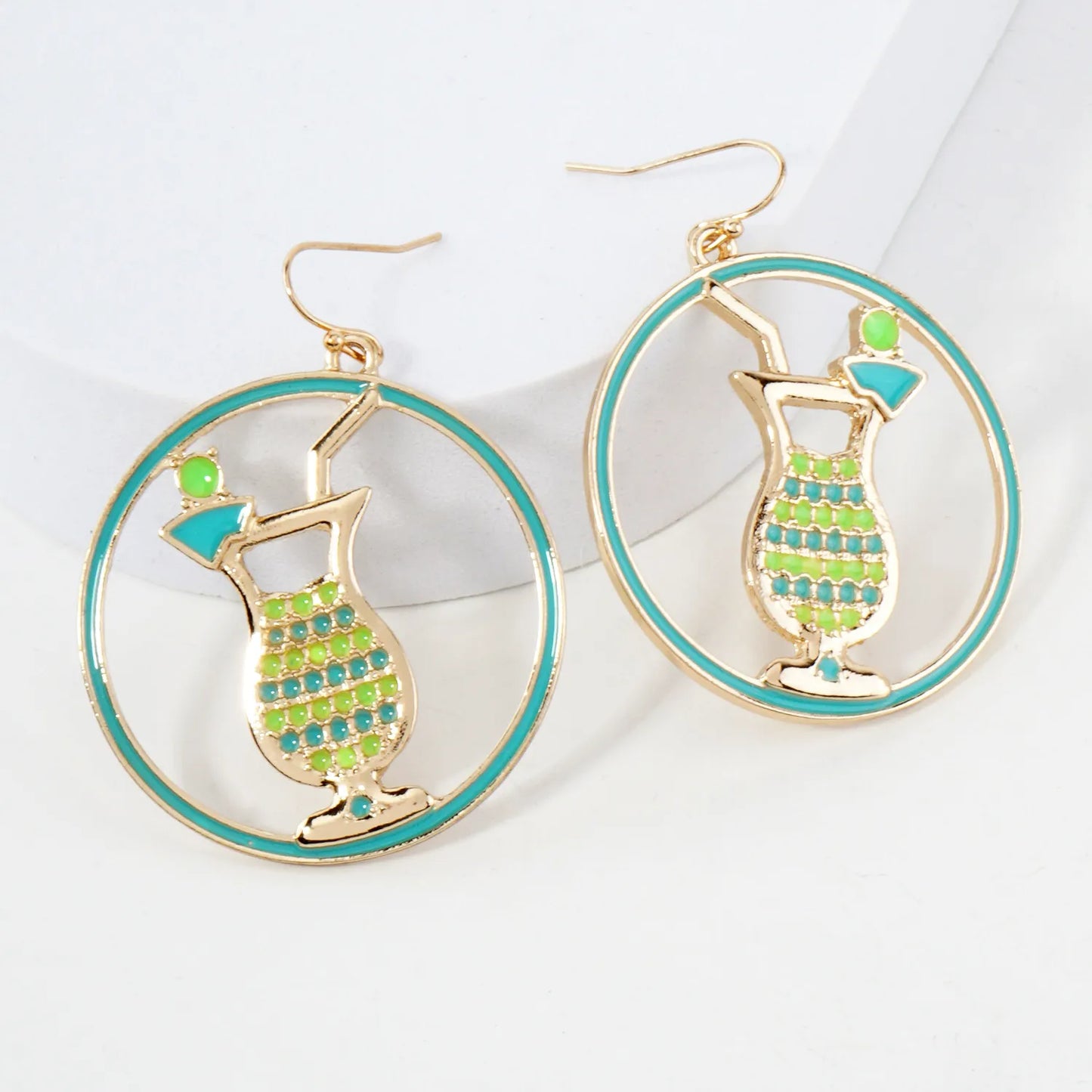 Summer Vibes Enamel Circle Cocktail Glass Dangle Earrings