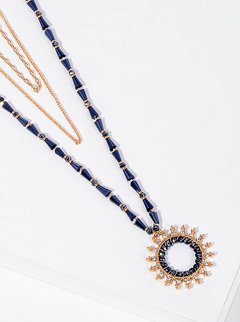 Sunburst Pendant Adorned With Glass Beads And Rhinestones Layered Necklace