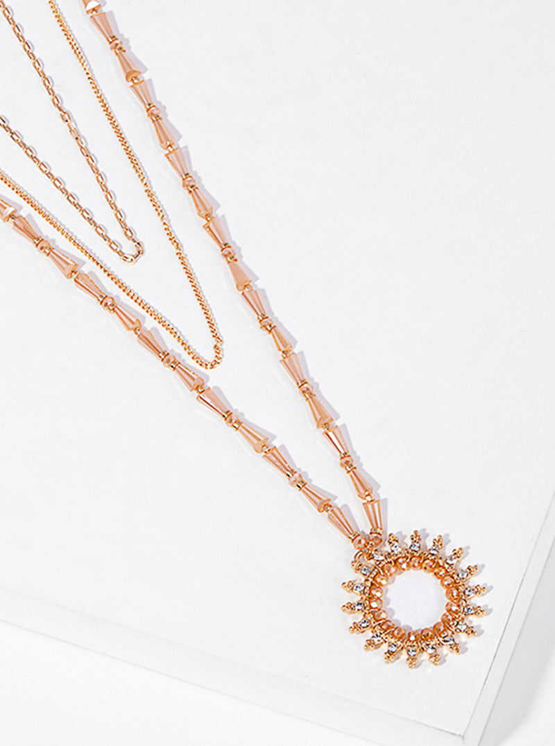 Sunburst Pendant Adorned With Glass Beads And Rhinestones Layered Necklace