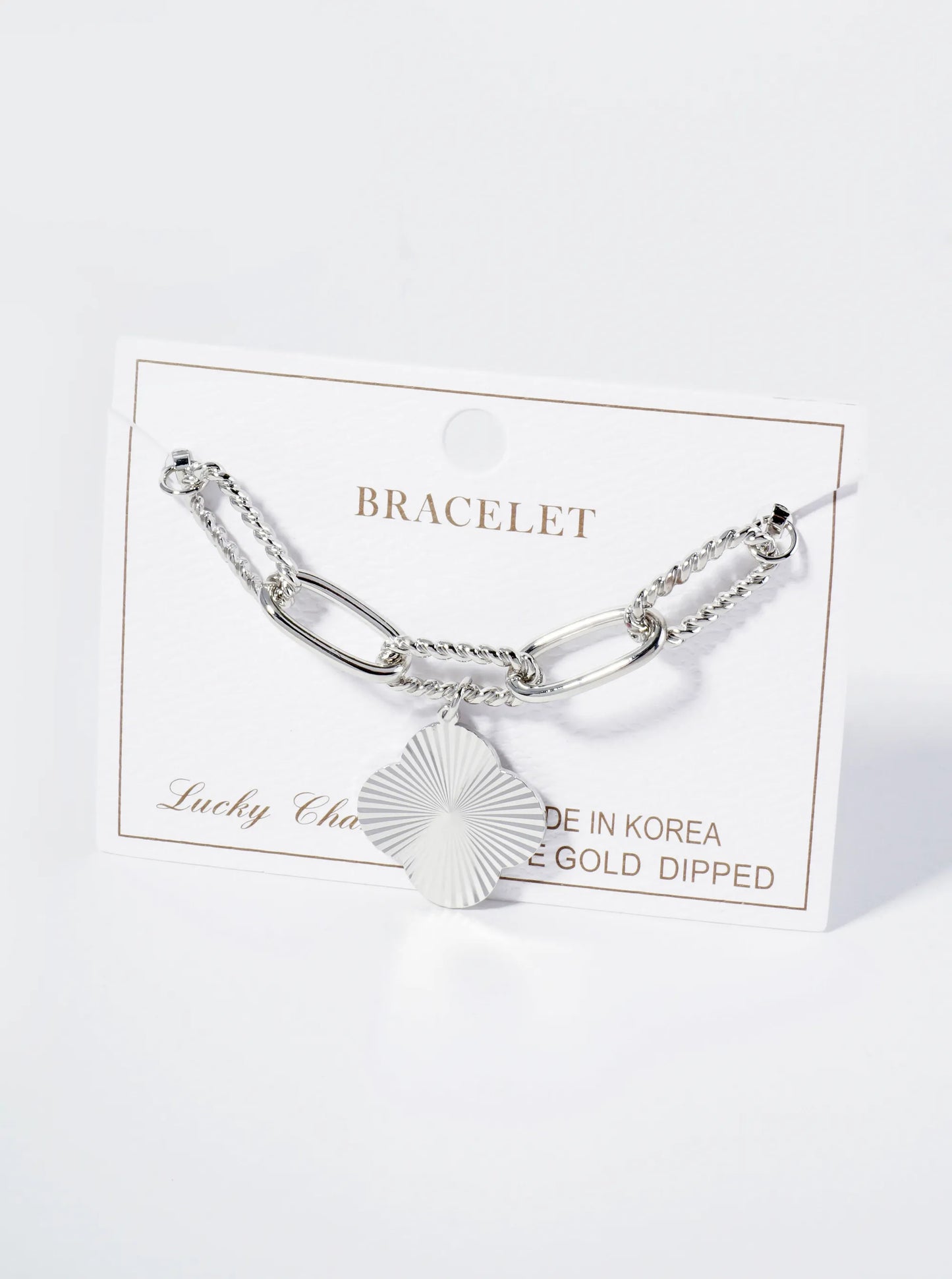 Sunburst Texture Quatrefoil Charm 18K Gold Dipped Link Chain Bracelet