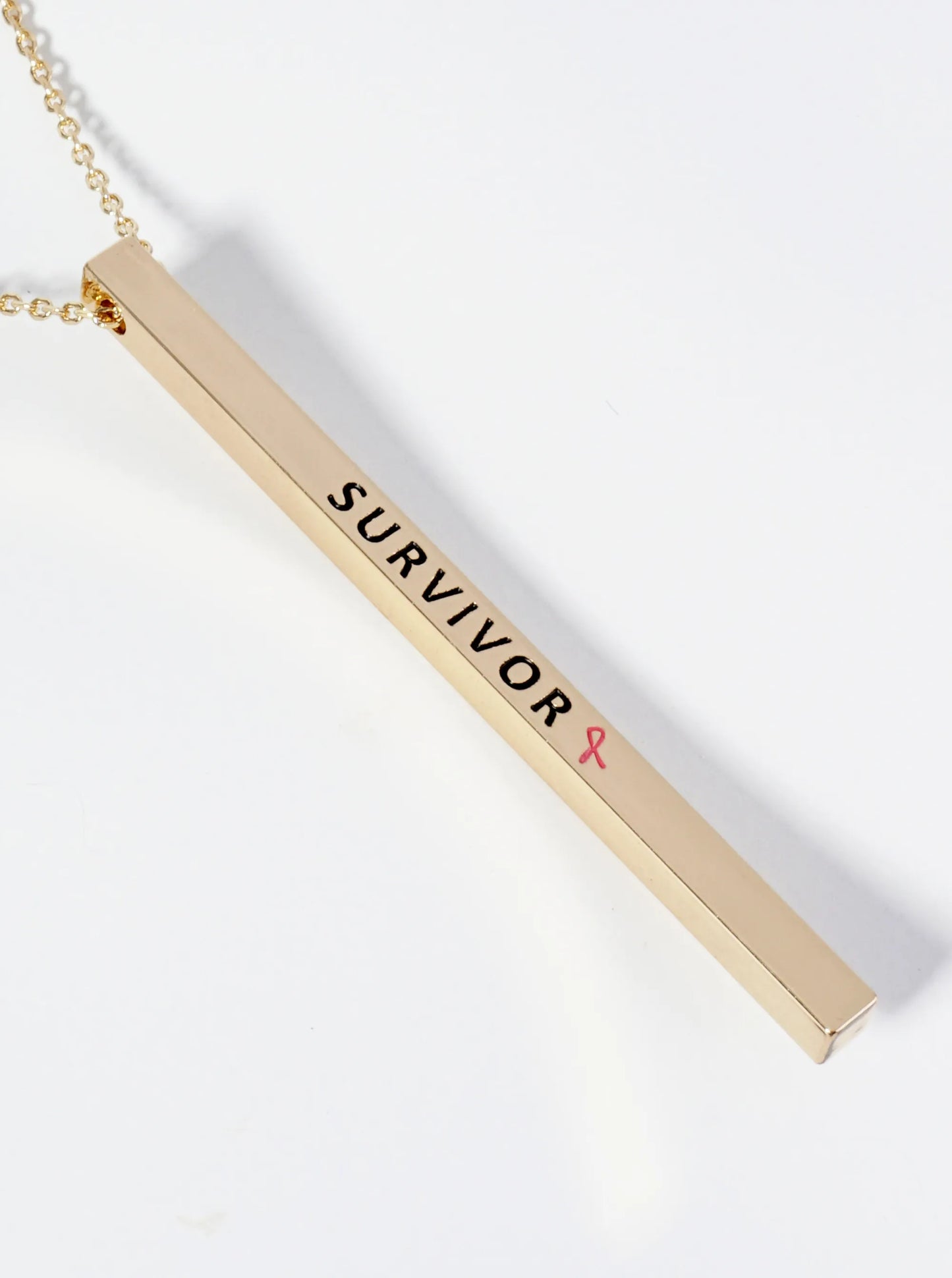 Survivor Pink Ribbon Engraved Vertical Bar Pendant Inspirational Necklace