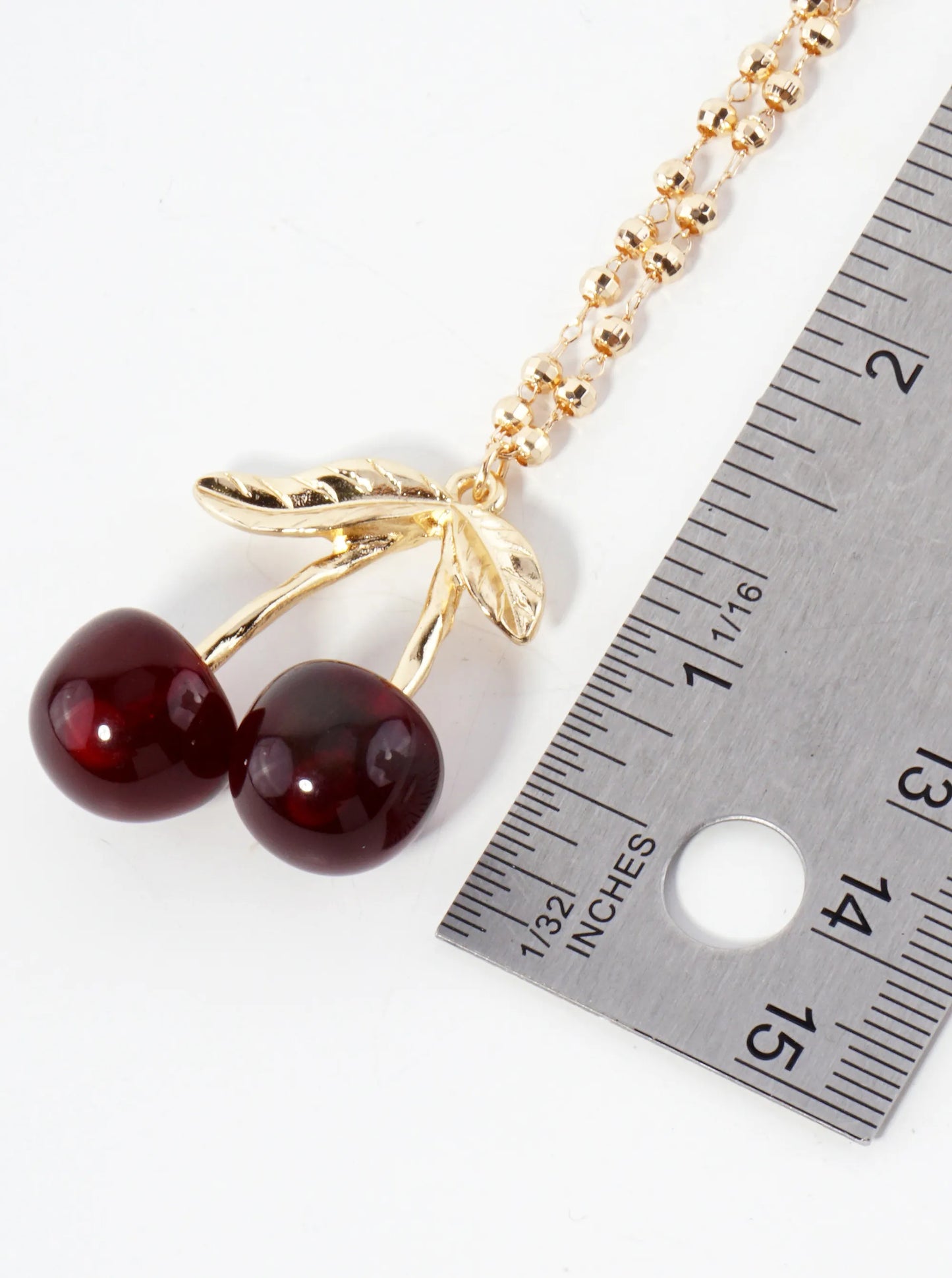 Sweet Red Cherry Pendant On 16-Inch Faceted Ball Chain Necklace